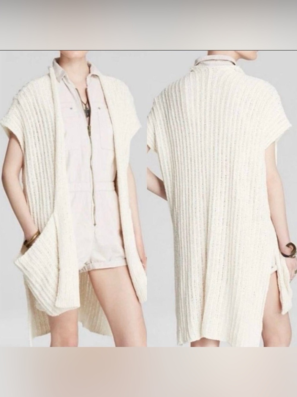 NWT Free People open knit longline cardigan ivory boho pockets size M